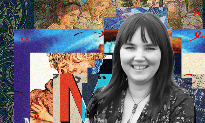 A black and white photo of writer Elizabeth Cox who has long brown hair and is smiling. Behind her is a collage of book covers.