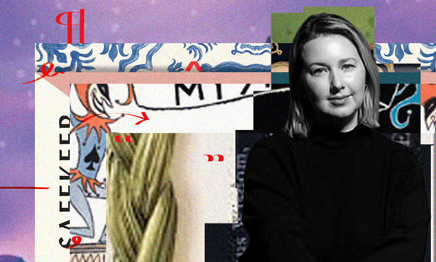 A black and white photo of the author Hannah Kent who is a young woman with shoulder length hair. Behind her is a collage of book covers.