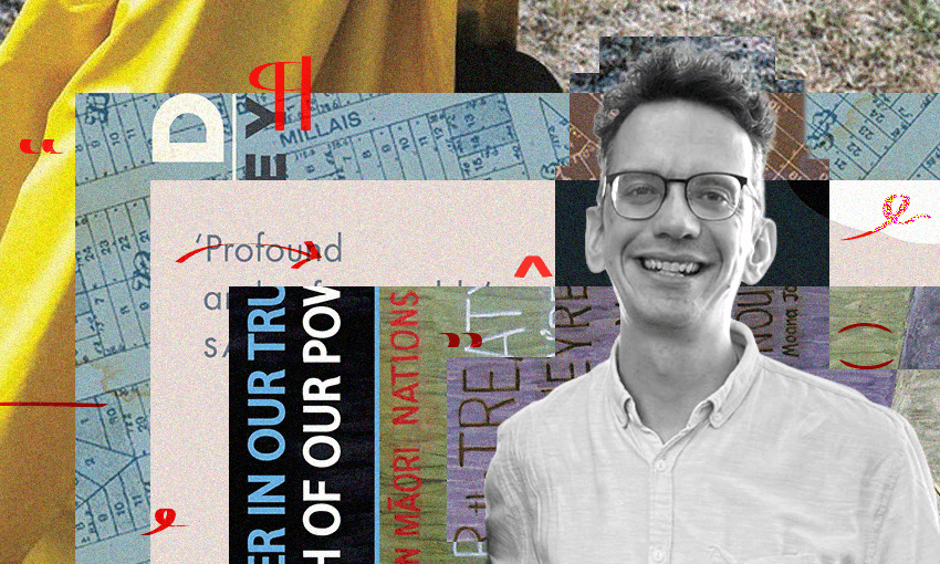 A black and white photo of Max Harris who is a young man with glasses and dark hair. He is smiling. Behind him is a collage of book covers.