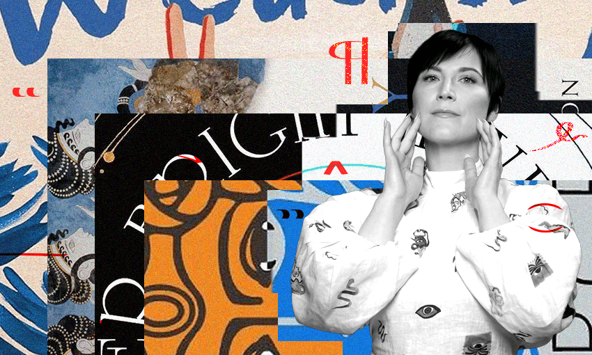 A photo of the author Rachel Smythe who has short dark hair and is wearing a white top with puffy sleeves. She has her hands to her face. Behind her is a collage of book covers.