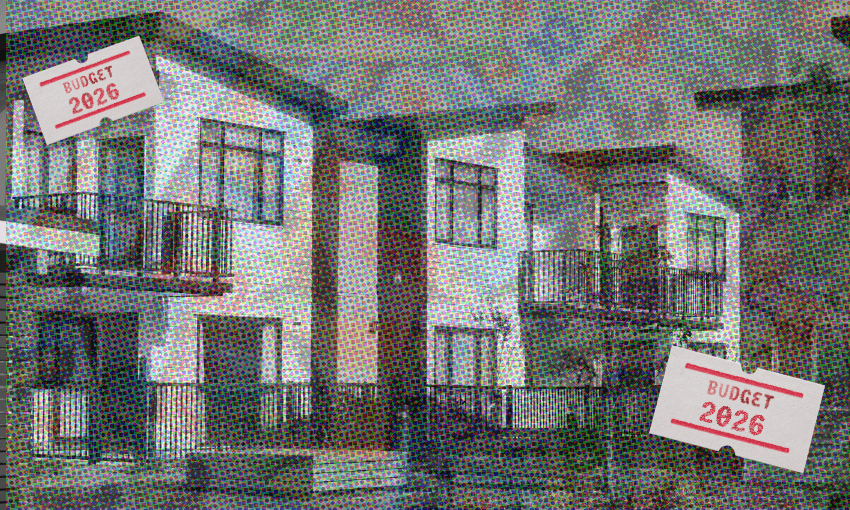 A pixelated image of modern apartment buildings overlaid with two “Budget 2026” tags and faint text and graphics in the background, creating a collage-like effect.
