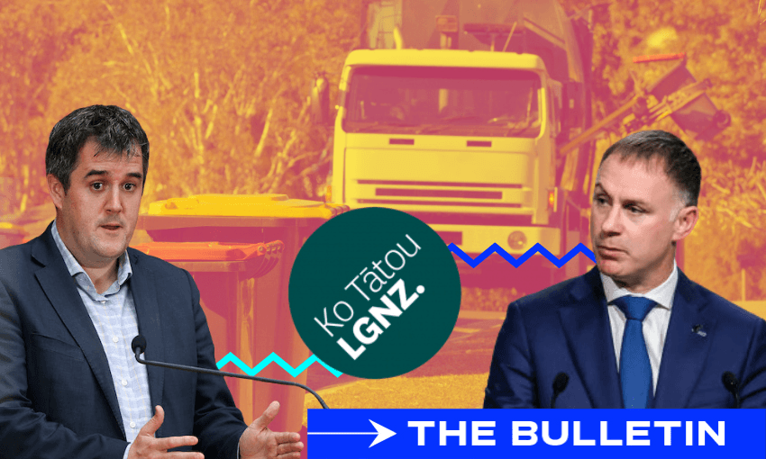 Two men in suits speak against a background featuring a garbage truck and bins, with a Ko Tātou LGNZ logo and a banner reading "THE BULLETIN" at the bottom right. The image has an orange overlay.