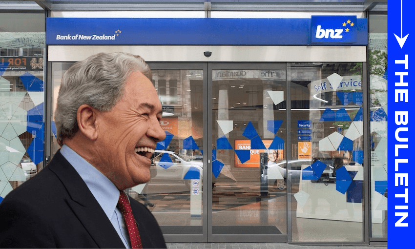A man in a suit laughing is superimposed in front of a Bank of New Zealand (BNZ) branch, with "THE BULLETIN" written vertically on a blue bar to the right.