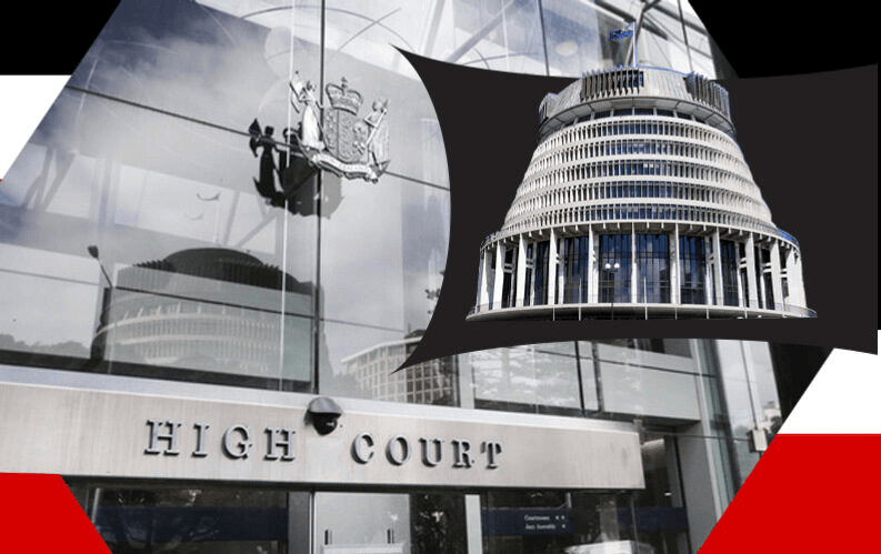 The image shows the entrance of a High Court building with its reflective glass facade. Above it is a superimposed image of New Zealand’s Beehive building, the country's parliamentary building.