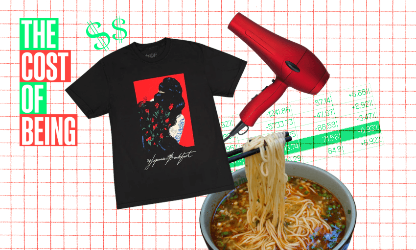 A collage with a black graphic T-shirt, a red hair dryer, and a bowl of ramen over math graphs. Green text on the left reads "THE COST OF BEING" with dollar signs. The background is white with a red grid pattern.