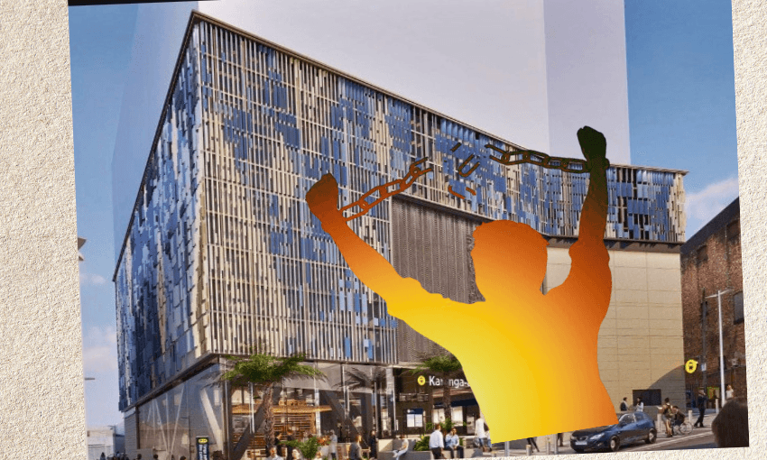 A modern, glass-fronted building with people walking outside. In the foreground, an orange silhouette of a person raises broken chains above their head in a gesture of triumph.