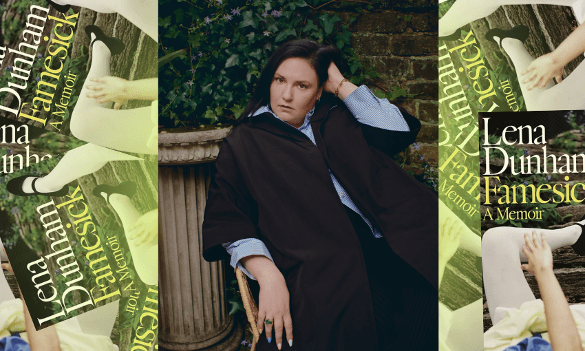 A photo of Lena Dunham posing in a black coat outside in a garden. Behind her is a collage of her latest memoir, Famesick.