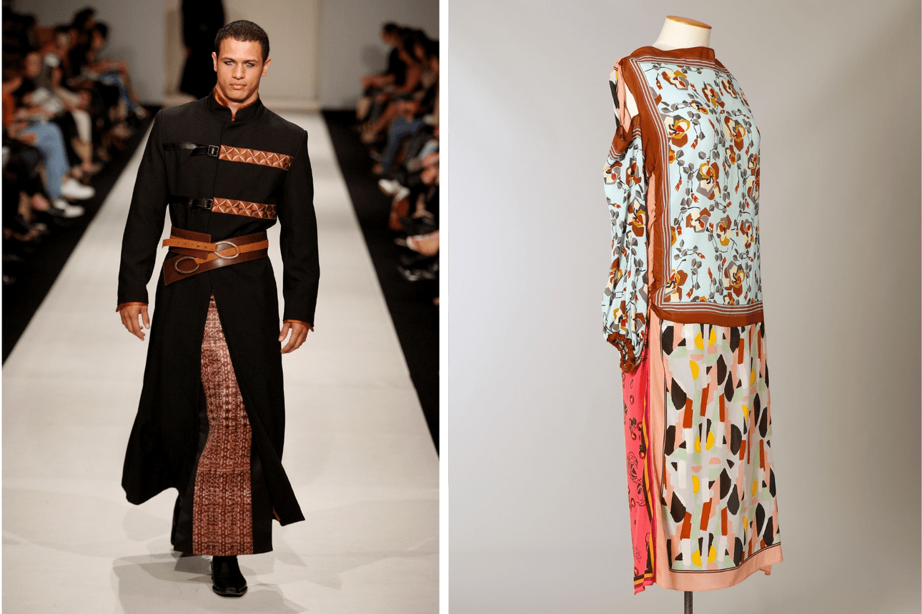 A Miramoda design on the runway, an archive image of a Kate Sylvester dress