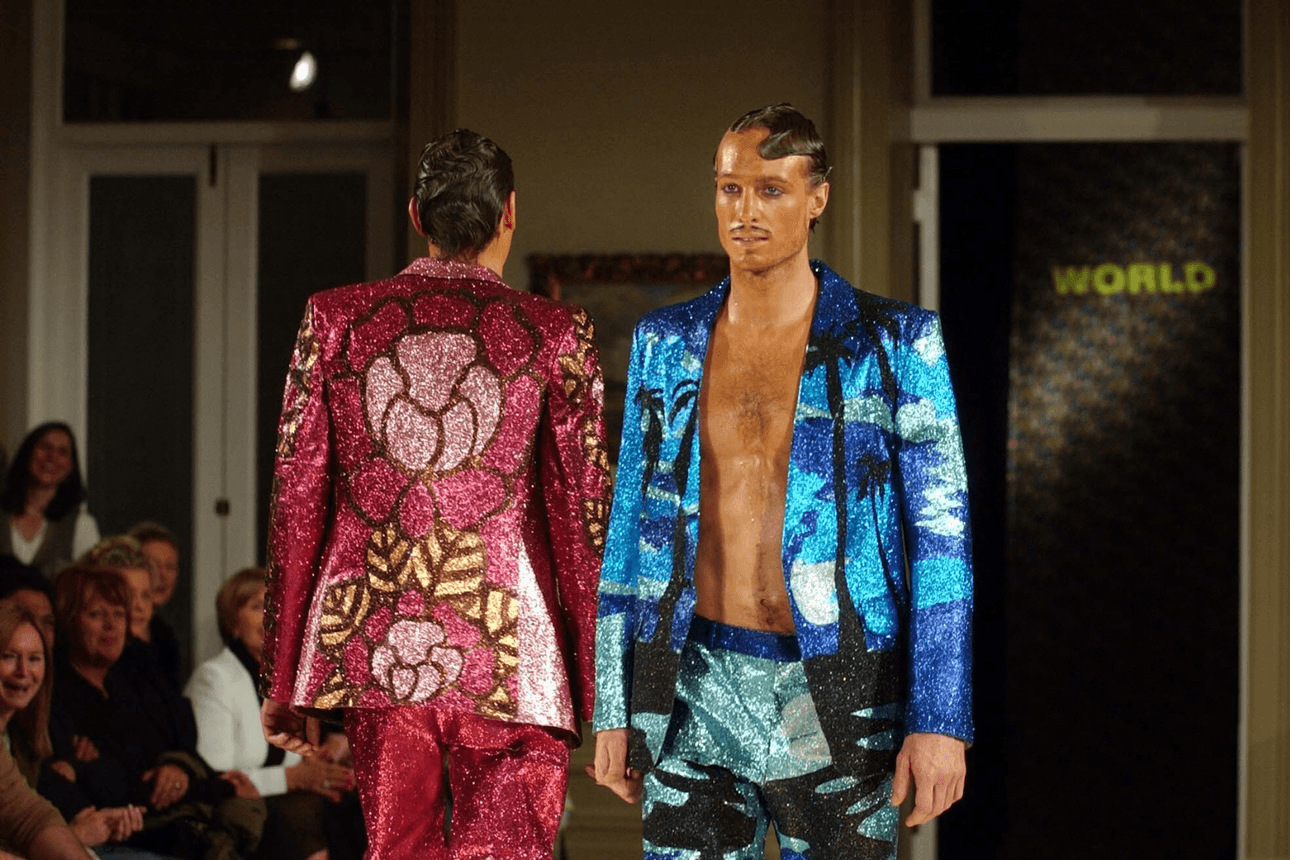 A sparkly suit on the runway.