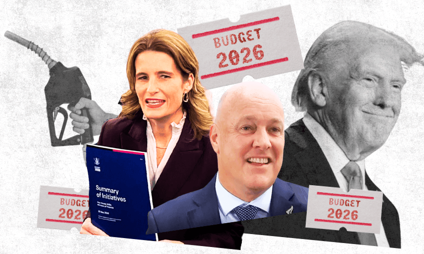 Time for Nicola Willis and Christopher Luxon to deliver a budget in the shadow of a fuel crisis kicked off by Donald Trump’s strikes on Iran. (Photos: Getty. Graphic: The Spinoff) 
