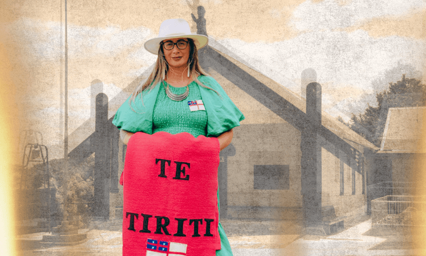 A person in a green dress and white hat holds a red sign reading "TE TIRITI" in front of a traditional Māori meeting house. The photo has a vintage, sepia-toned effect.