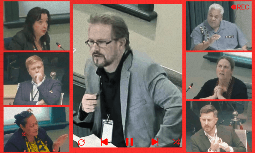 A collage of six people in a meeting, each in their own frame, around a central person standing and speaking. Video call interface icons and a red recording symbol appear on the borders.