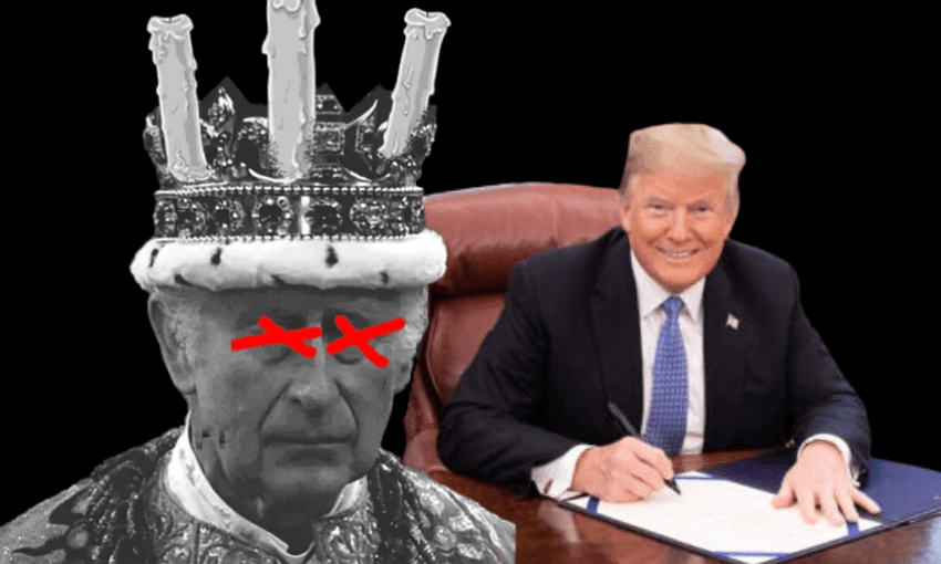 A smiling man in a suit sits at a desk signing a document. Next to him is a black-and-white image of a royal figure with a crown, red X's over the eyes, and a dark background.