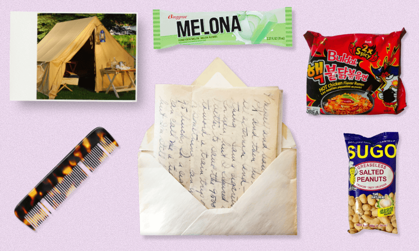 A selection of items arranged like a drawer of artefacts: there's a letter. snack foods, a compb and a tent.