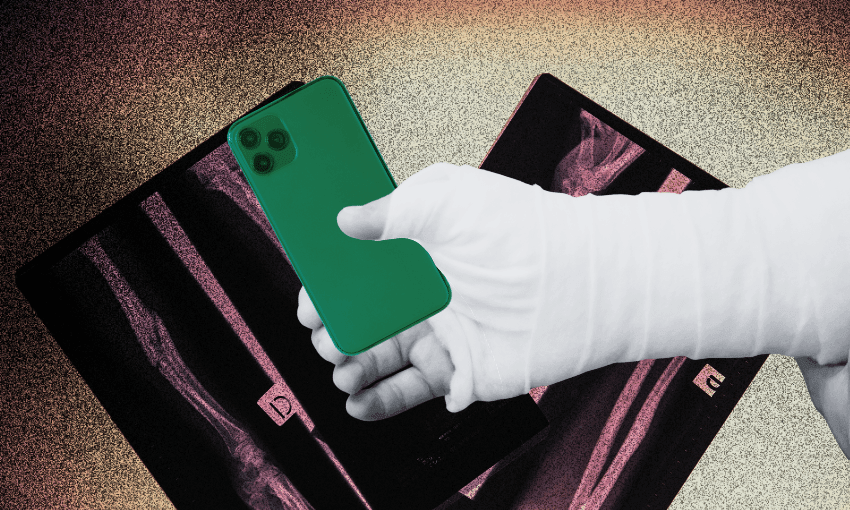 A bandaged hand holding a green smartphone over two X-ray images of an arm, with a textured, gradient background.