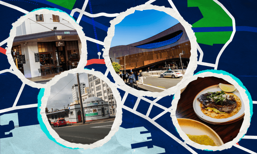 Old meets new: Capitol, The Welsh Dragon, Tākina, Apapacho (Image: The Spinoff/WellingtonNZ/Supplied) 
