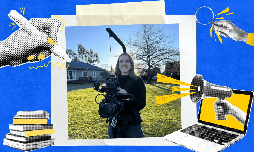 A young woman stands outside holding a large camera with a rig set-up. The image is overlaid on a blue background with symbols of writing and journalism scattered throughout