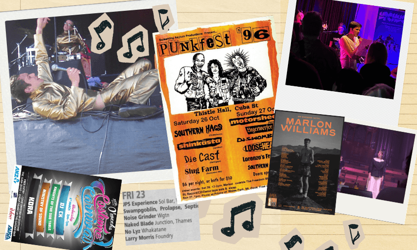 A collage featuring a performer in a gold suit onstage, a bright orange Punkfest '96 poster, a crowd at a concert, a Marlon Williams album cover, and other music event posters over a textured background.