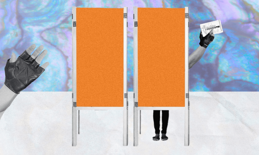 Two orange voting booths stand side by side. A gloved hand waves from the left, while an arm with a glove holds up a paper on the right. Only a pair of legs is visible under one booth, against a colorful abstract background.