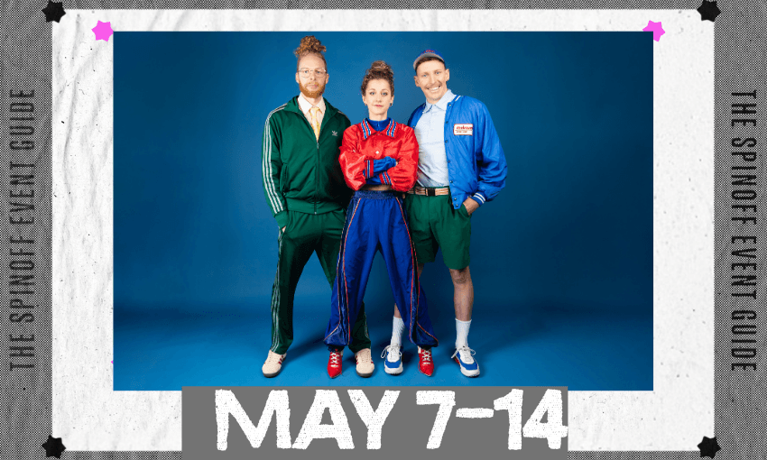 Three performers standing side by side with a royal blue background. They're all wearing sporty gears in vibrant colours.