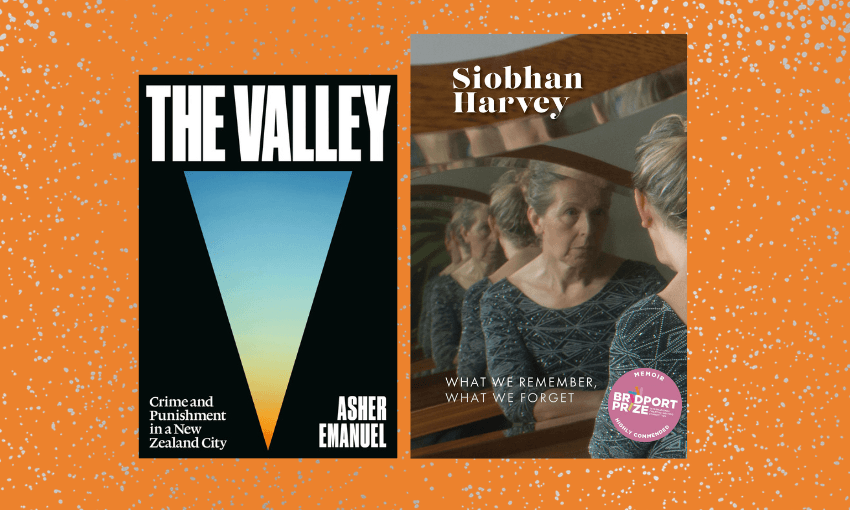 Two book covers side by side with an orange background.