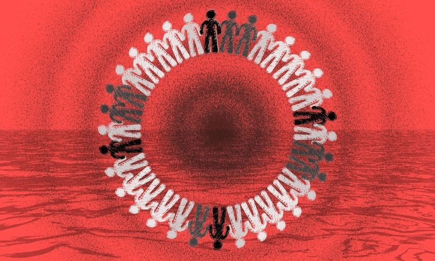 Illustration of a ring of people holding hands, with figures transitioning from white to black, set against a red, textured background with wavy lines, creating a sense of unity and contrast.