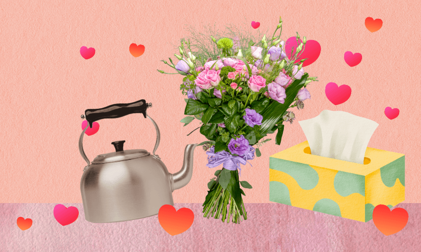 a pink background with love hears on it and images of a kettle, a bouquet of flowers and a box of tissues