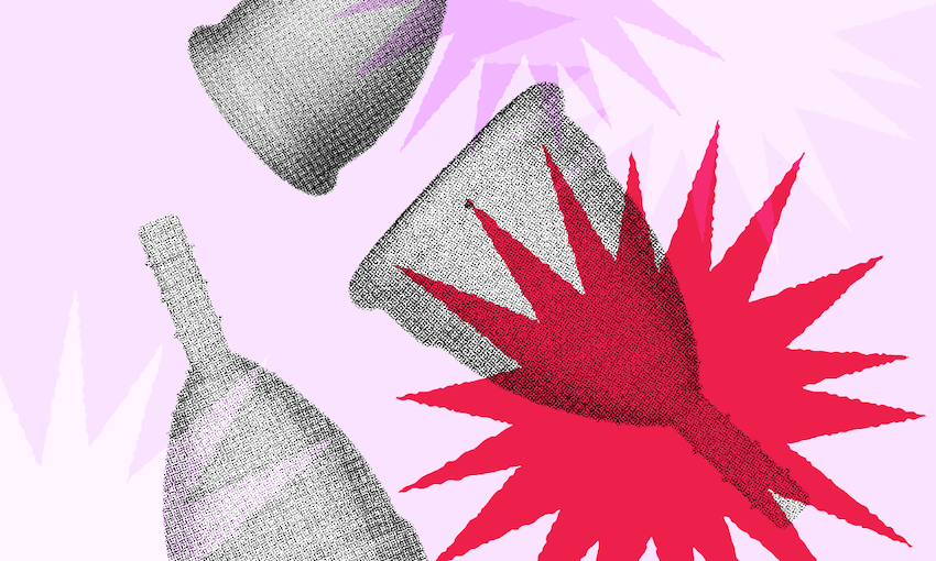 Three menstrual cups in grayscale, one with a red burst graphic, are arranged on a pastel pink background with white and pink starburst shapes.