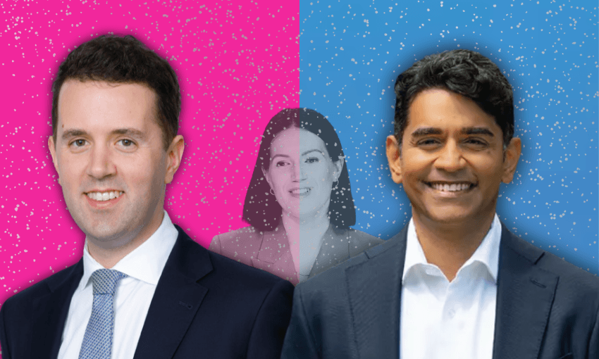 two publicity photos of men in suits, one against a pink background and the other against a blue background. in the centre, a woman's headshot in black and white fades into the distance