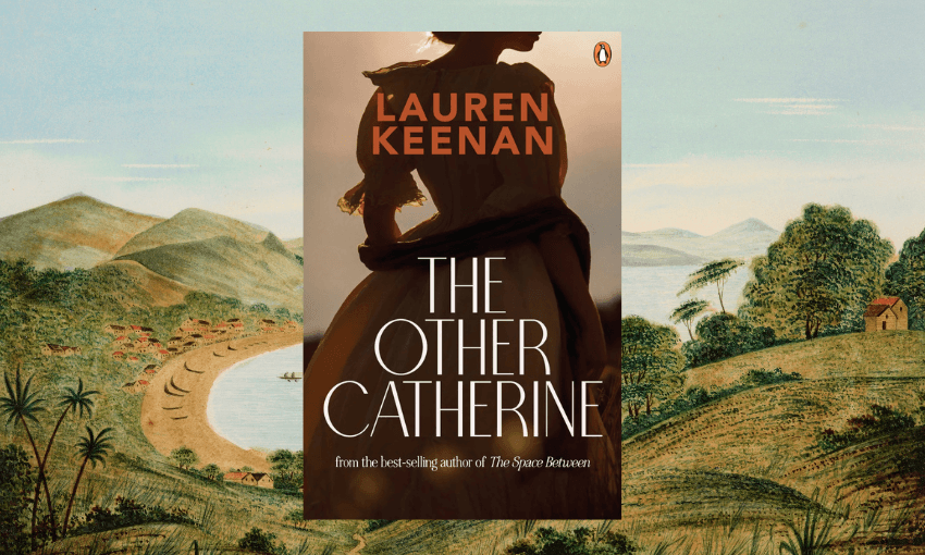 An historic painting of an Aotearoa beach overlaid with the cover of The Other Catherine by Lauren Keenan.