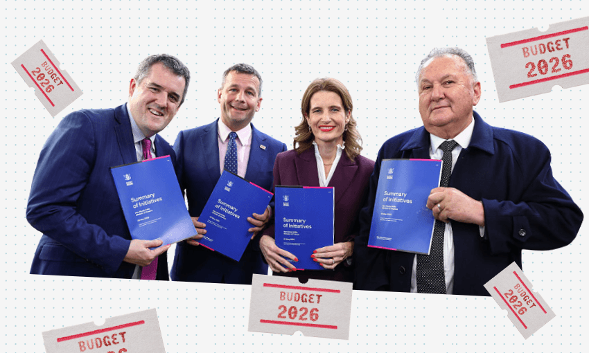 Four people in business attire hold blue "Summary of Initiatives" booklets, standing together and smiling. Around them are red tickets labeled "BUDGET 2026" on a dotted background.