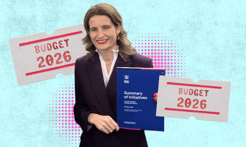 A woman in a maroon suit holds a blue "Summary of Initiatives" booklet. Two red "BUDGET 2026" labels are shown on either side of her against a light blue, dotted background.