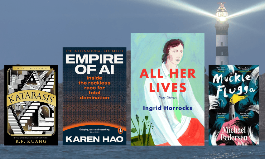 Four books in a row with a photo of a lighthouse behind them.