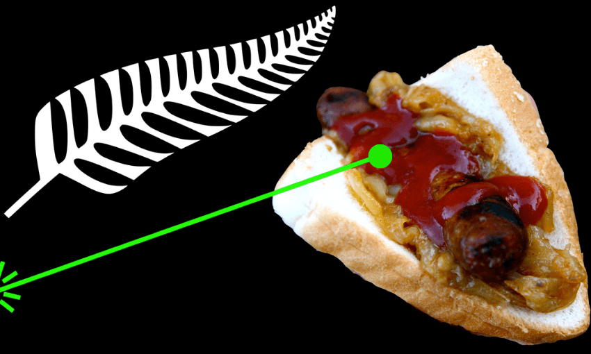 A grilled sausage in bread with onions and ketchup, highlighted by a green dot and line, is set against a black background with a white fern leaf in the corner.