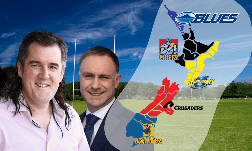 Two men stand in front of a rugby field. A map of New Zealand shows regions labeled with Super Rugby team logos: Blues, Chiefs, Hurricanes, Crusaders, and Highlanders, each colored by their team area.