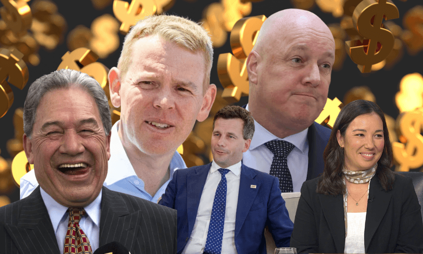 Five people in formal attire are pictured in front of a background filled with large, floating gold dollar signs. The mood appears mixed, with some smiling and others looking serious or contemplative.
