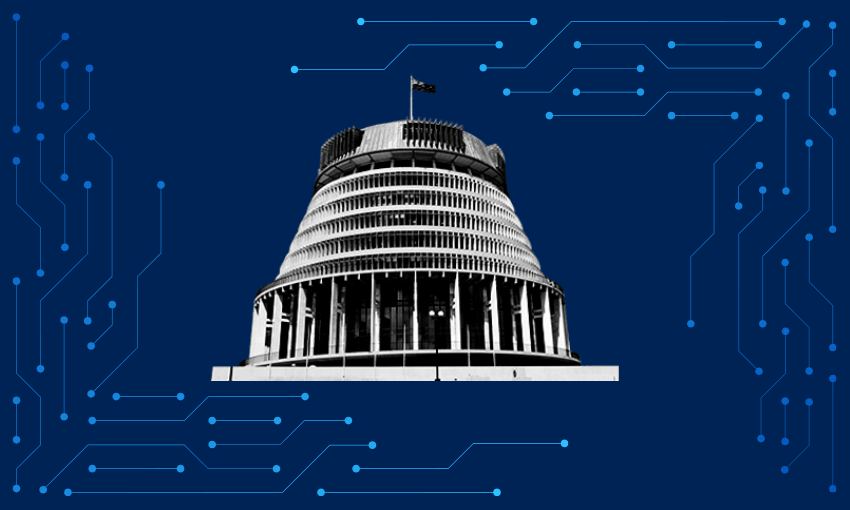 A stylised image of New Zealand’s Beehive building on a dark blue background with faint circuit board patterns and blue dots, representing technology or digital connections.