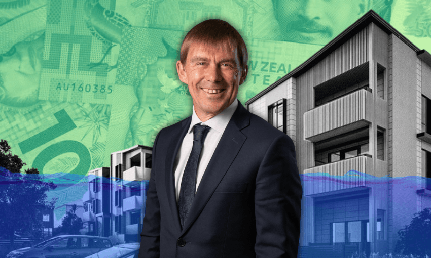 A man in a dark suit and tie smiles in front of modern buildings and large New Zealand banknotes, with a colorful graphic wave across the image.