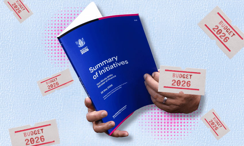 A person holds a blue booklet titled "Summary of Initiatives, June 2026," surrounded by several "Budget 2026" stamps against a textured light blue background.