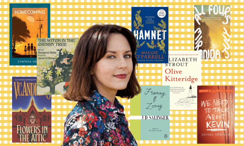 a woman with shoulder length brown hair and a floral blouse stares at the camera surrounded by a collage of book titles with maternal central characters