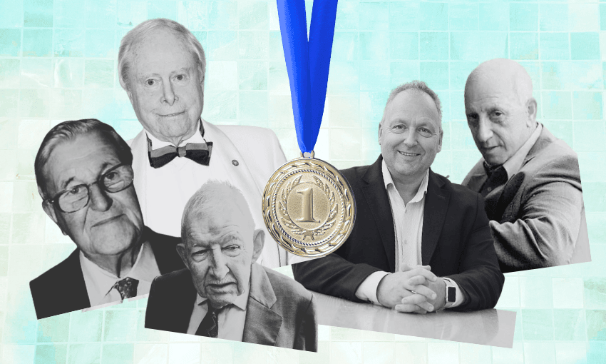 A gold medal with a blue ribbon is centered between five older men in suits, shown in black-and-white, against a blue mosaic background.