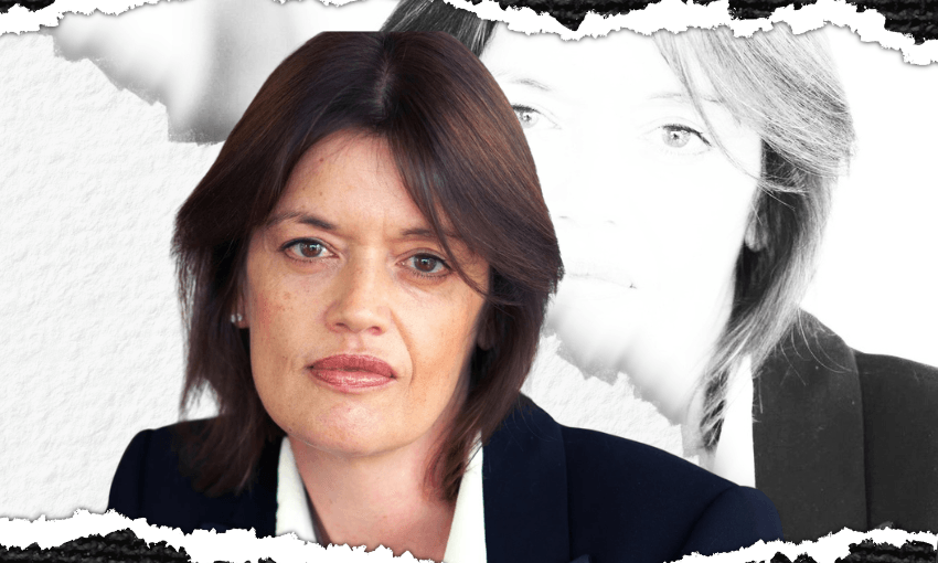 A photo of the writer Charlotte Grimshaw with torn paper effects and a mirror image behind her.