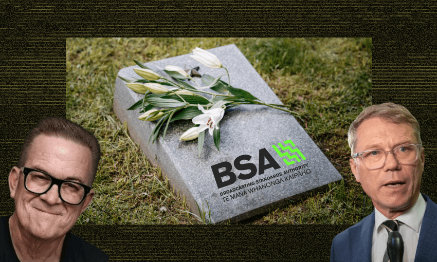 A grey gravestone with white lilies and the BSA logo lies on grass. On either side are two men in glasses and suits, one smiling on the left and one speaking on the right, against a dark textured background.