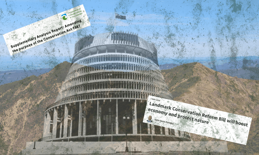 A faded image of New Zealand’s Beehive parliament building is overlaid with news clippings about conservation law reform, set against a mountainous background.