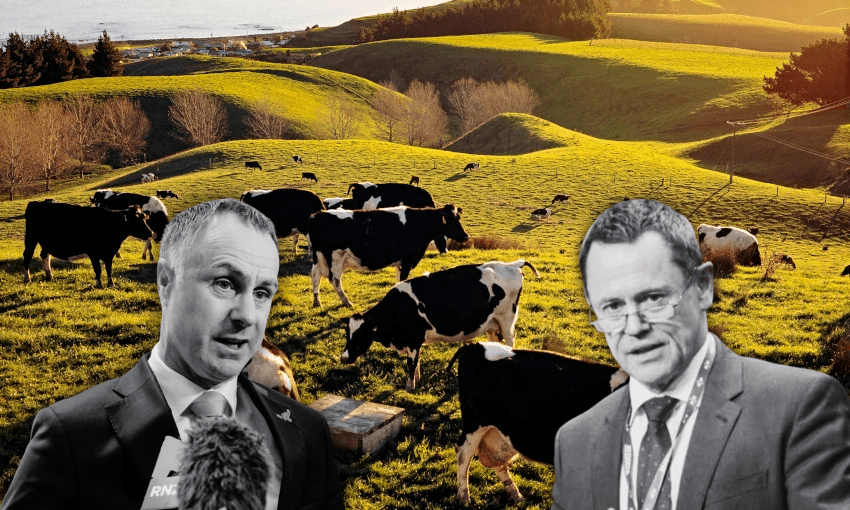 two middle aged men in dark suits in black and white overlaid onto a colour image of cows grazing on a hillside