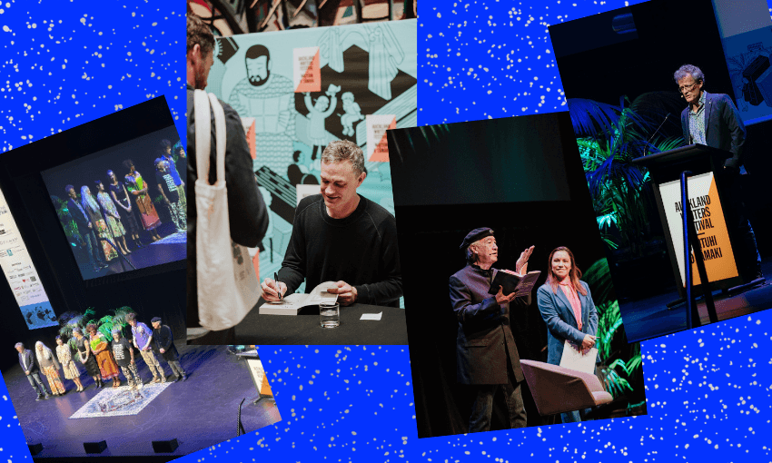 Four photographs from events at auckland writers festival with a blue background.