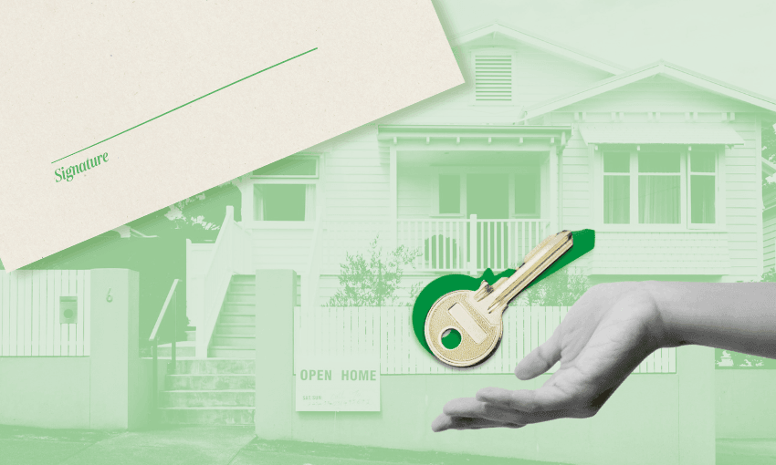 A hand holds a golden key in front of a house. In the background, there’s a white paper with a signature line and a house with a “Open Home” sign, all in green tones.