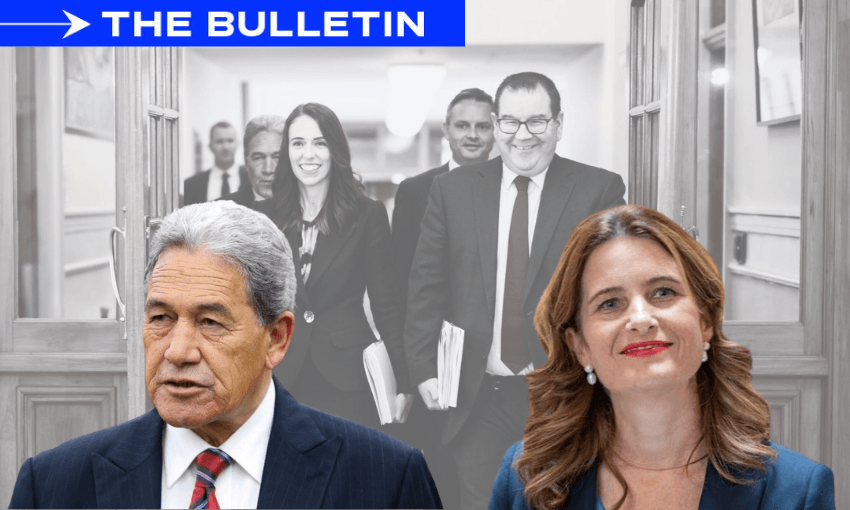 a male and female politician in colour overlaid on an older image of former prime minister and another politician wearing a suit and walking down a corridor
