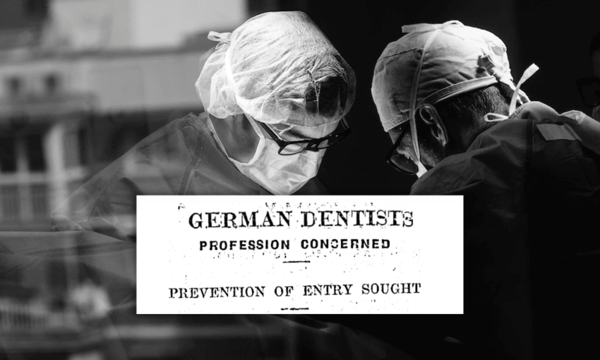 a black and white image of two surgeons with a headline from 1934 overlaid saying "german dentists profession concerned. prevention of entry sought'