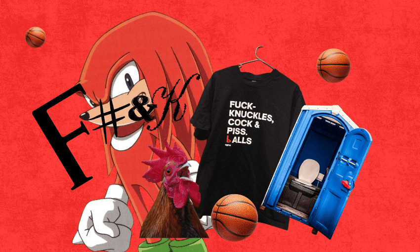 A collage with Knuckles from Sonic, flying basketballs, a black shirt with explicit text, a crowing rooster, a blue portable toilet, black censored symbols, all against a red background.